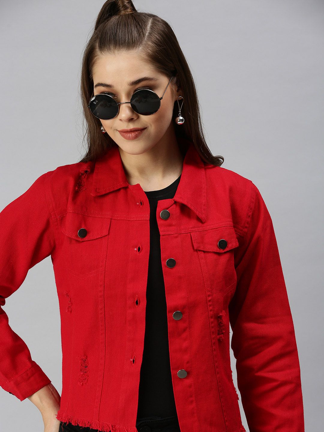 SHOWOFF Women Red Denim Jacket with Embroidered Price in India