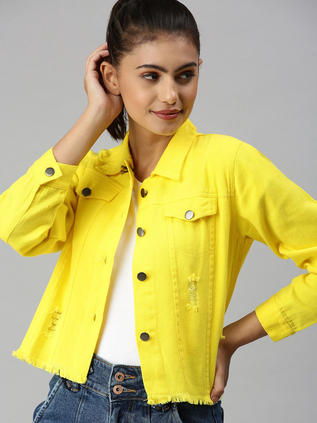 SHOWOFF Women Yellow Solid Spread Collar Cotton Denim Jacket Price in India