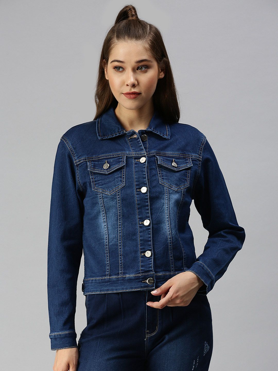 SHOWOFF Women Blue Washed Denim Jacket Price in India