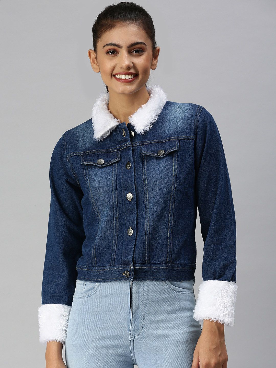 SHOWOFF Women Navy Blue Washed Denim Jacket Price in India