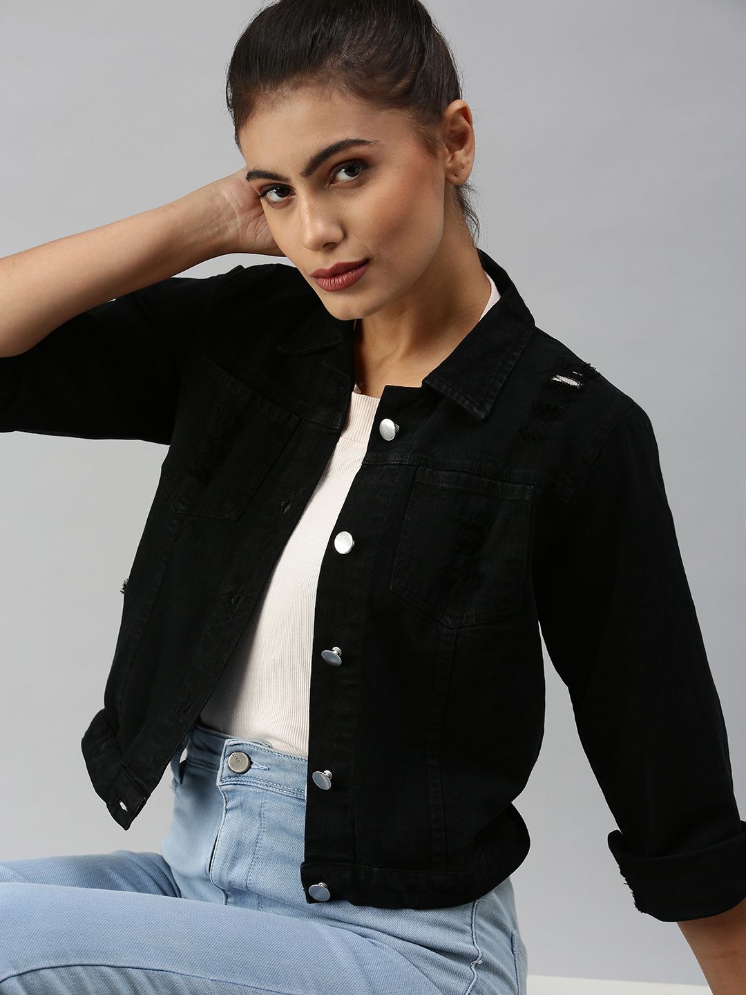 SHOWOFF Women Black Distressed Crop Denim Jacket Price in India