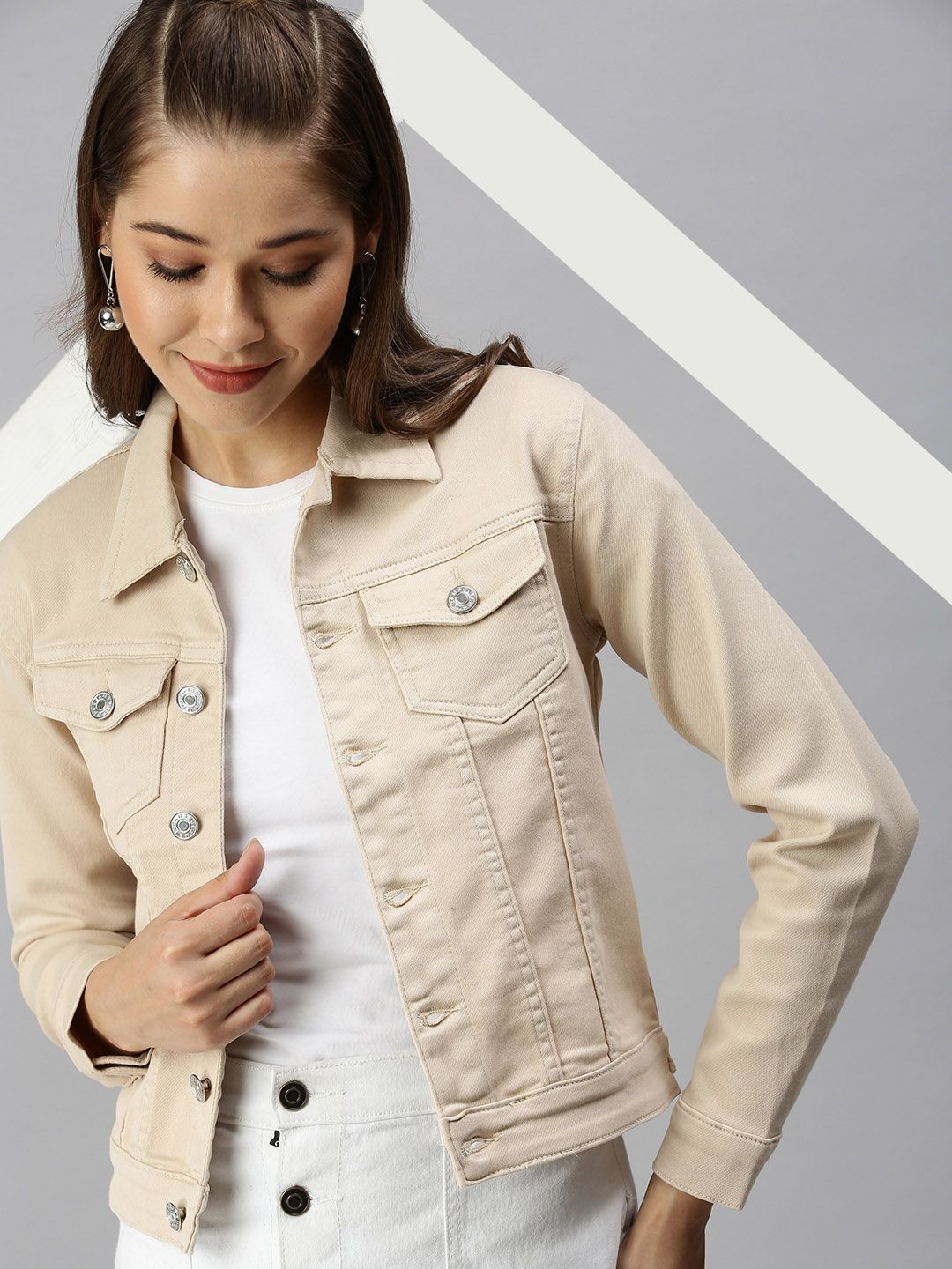 SHOWOFF Women Beige Denim Jacket Price in India