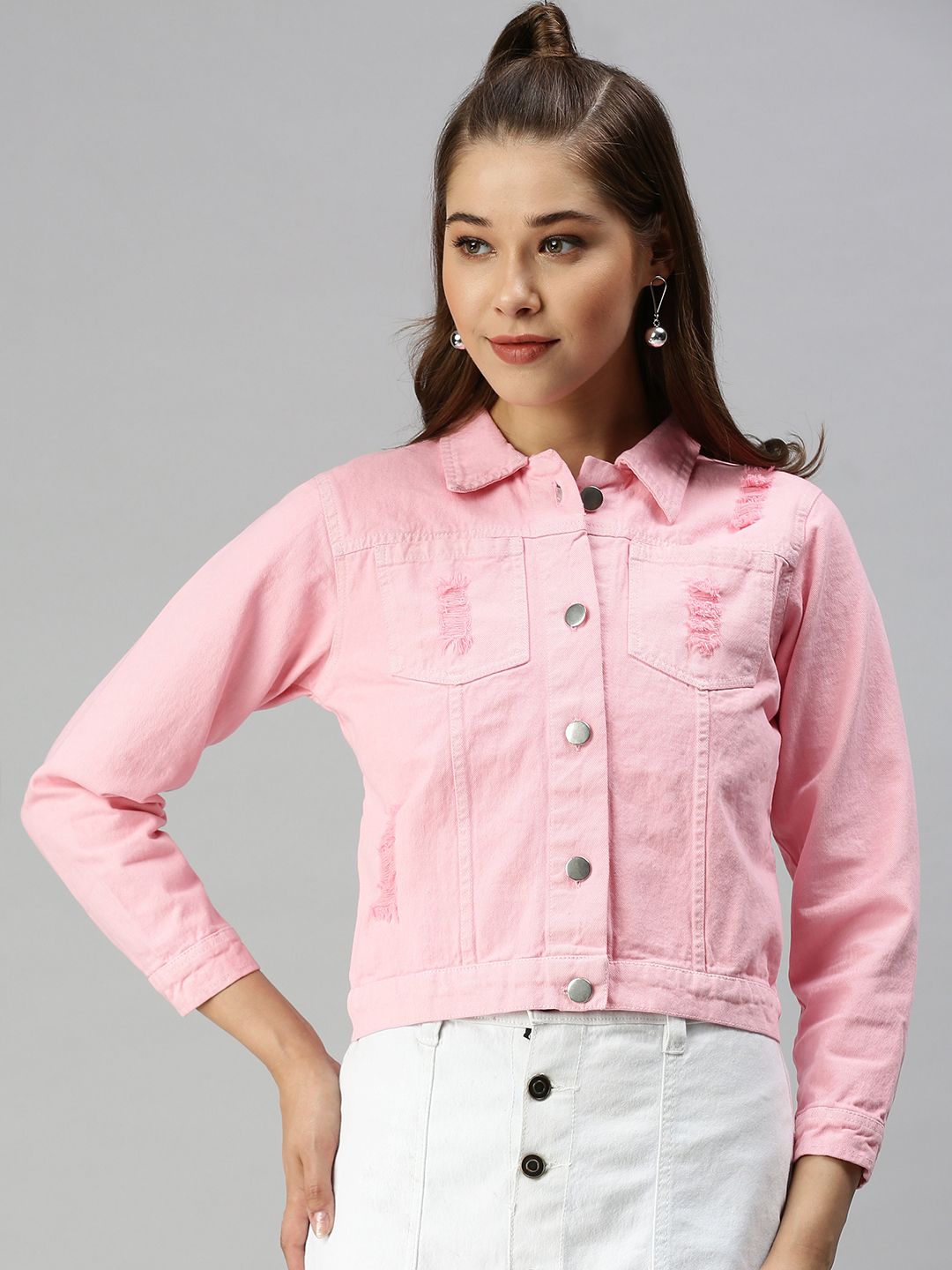 SHOWOFF Women Pink Crop Denim Jacket Price in India