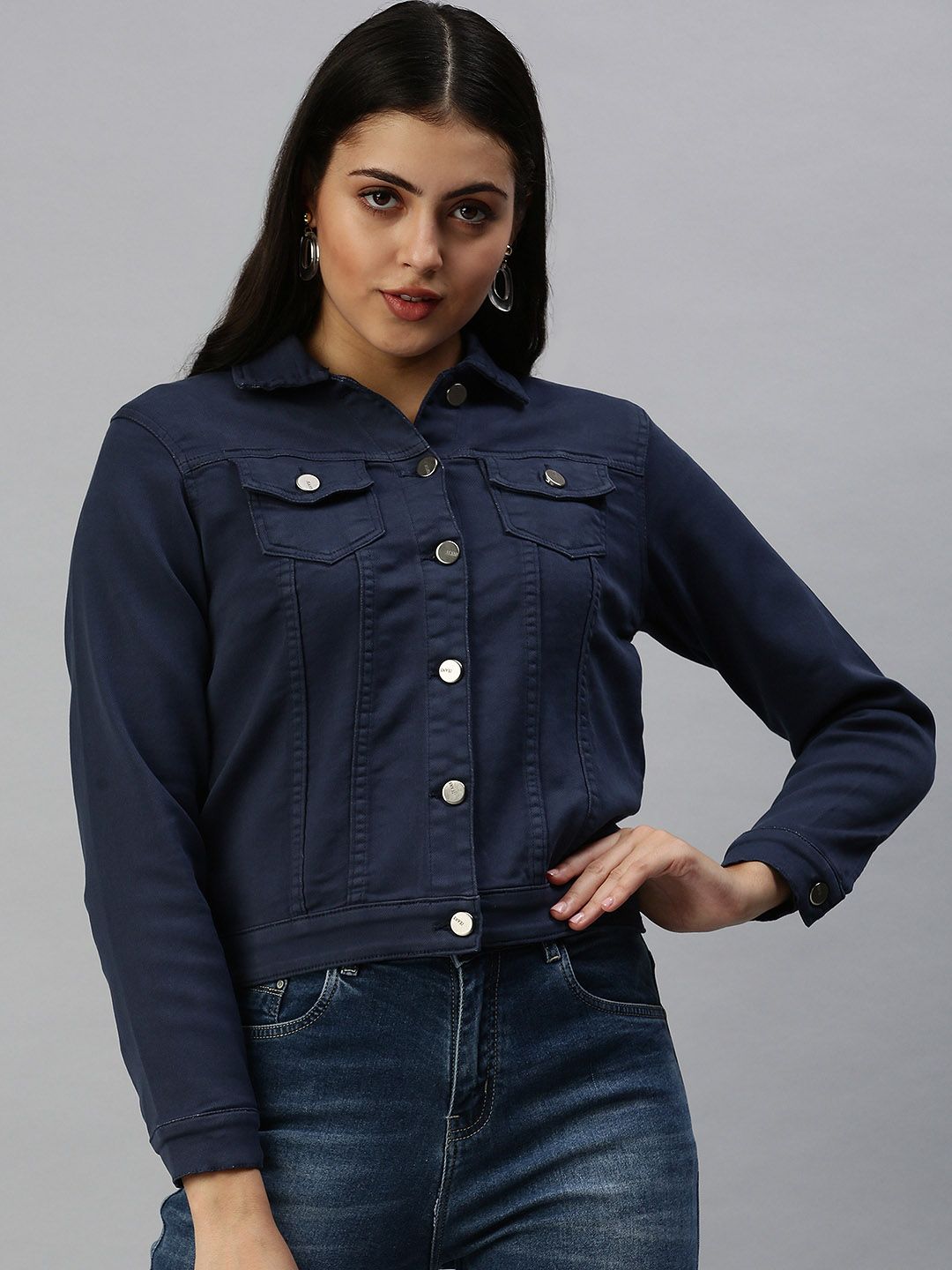 SHOWOFF Women Navy Blue Washed Denim Jacket Price in India