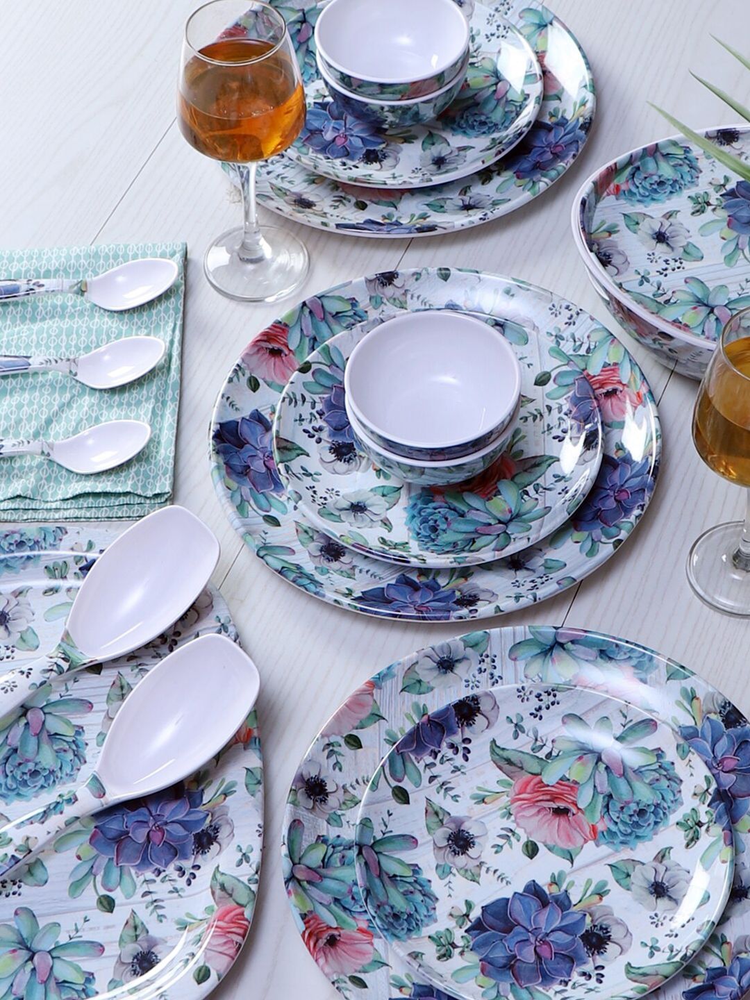 CDI Blue & Green Pieces Floral Printed Melamine Glossy Dinner Set Price in India