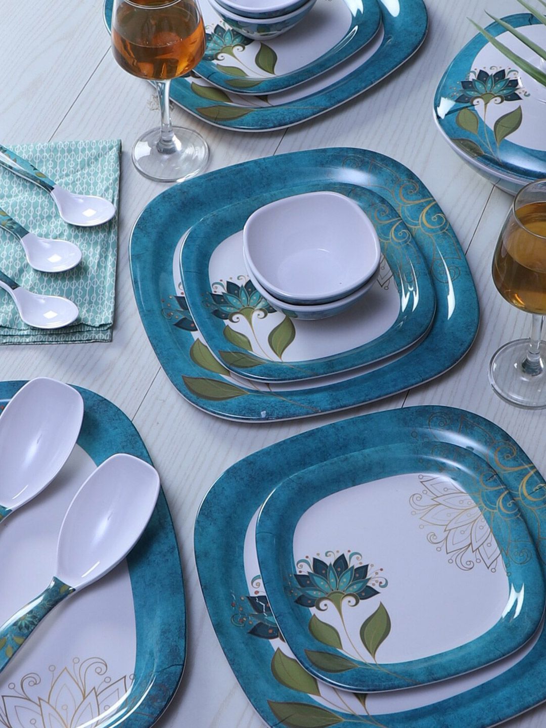 CDI White & Blue 40 Pieces Printed Melamine Glossy Dinner Set Price in India