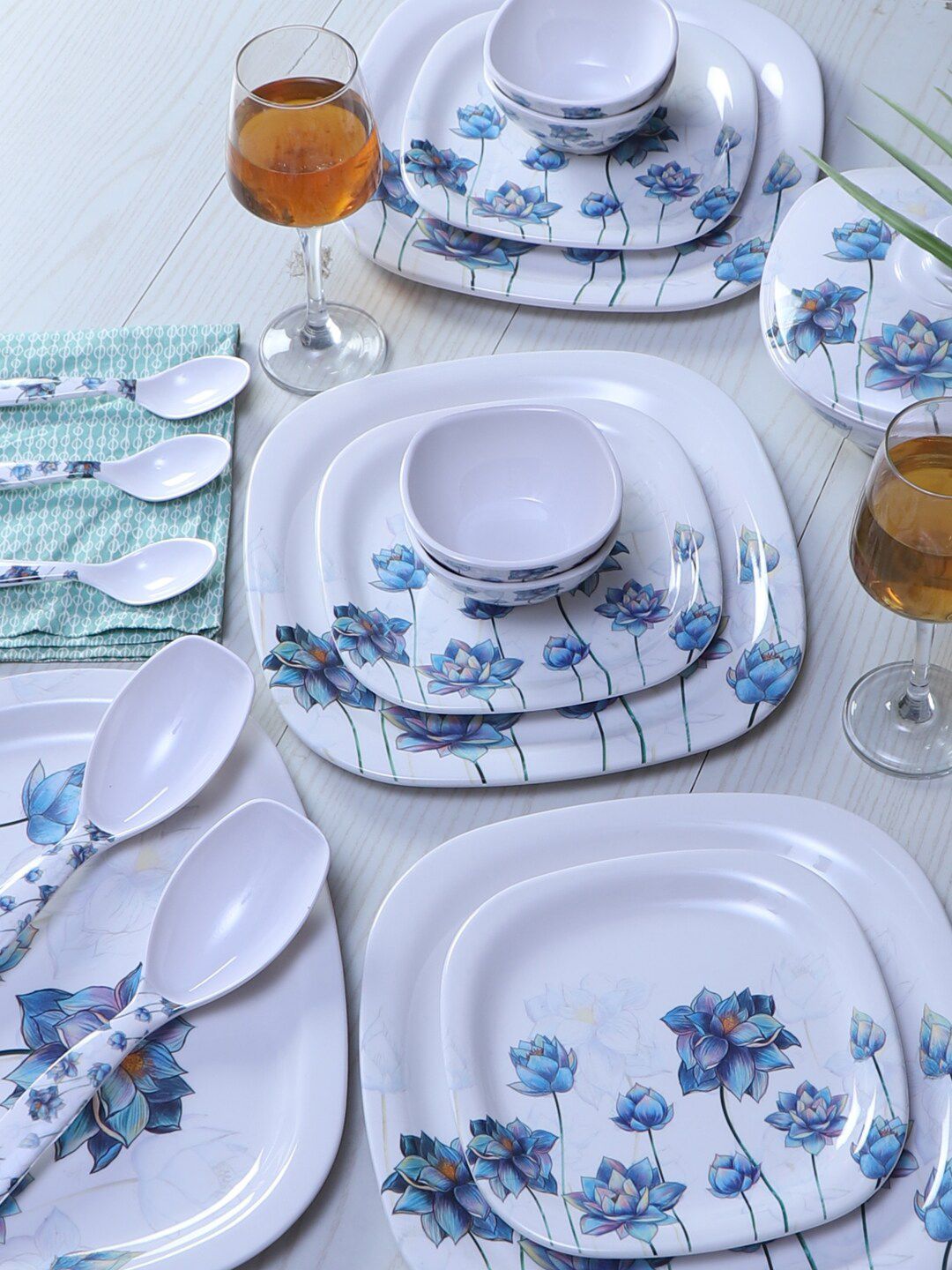 CDI White & Blue 40 Pieces Floral Printed Melamine Glossy Dinner Set Price in India