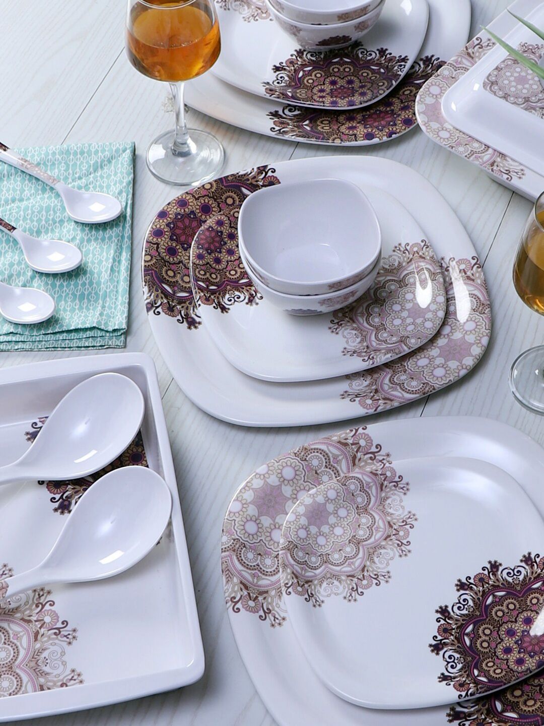CDI White & Coffee Brown 41 Pieces Ethnic Motifs Printed Melamine Glossy Dinner Set Price in India