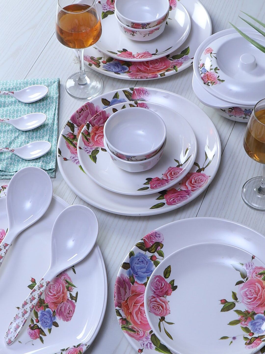 CDI White & Pink 40 Pieces Floral Printed Melamine Glossy Dinner Set Price in India