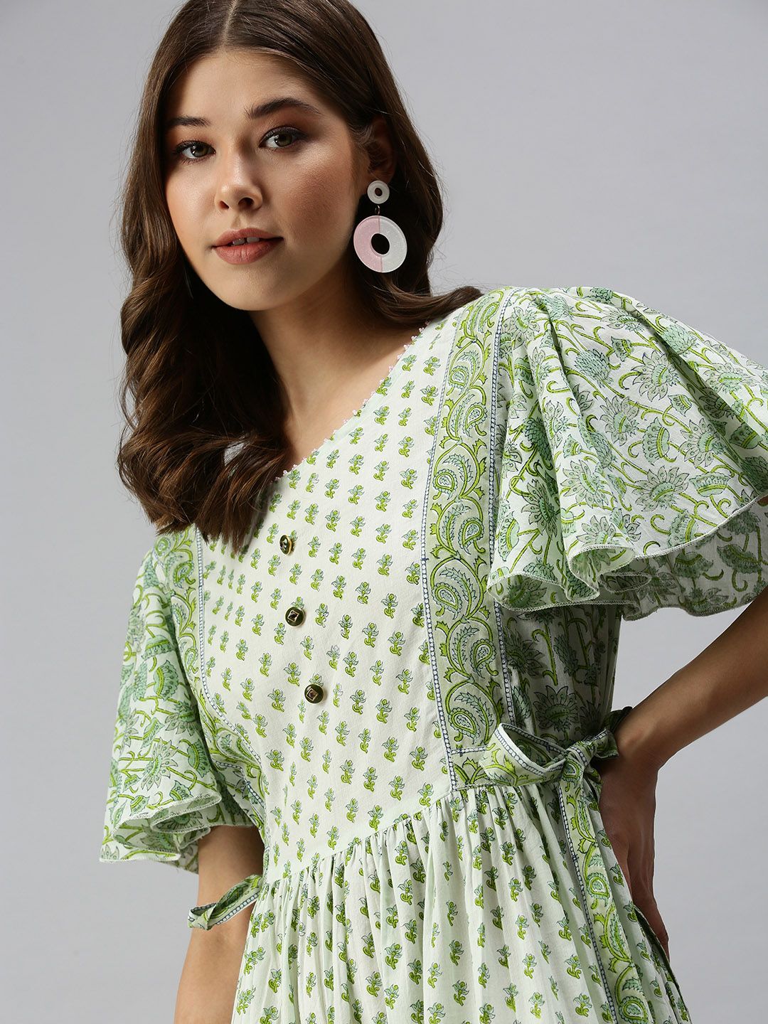 SHOWOFF Women Green & White Ethnic Motifs Women's Ankle Length Green Floral Midi Dress Price in India