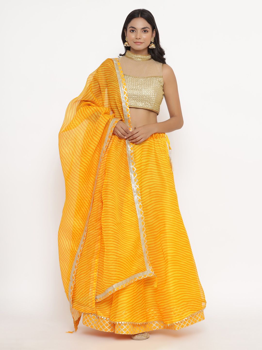 Kesarya Yellow & Golden Ready to Wear Cotton Lehenga & Unstitched Blouse With Dupatta Price in India