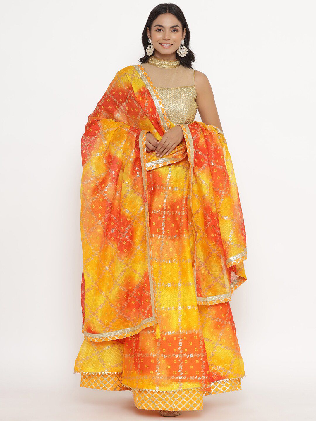 Kesarya Yellow & Orange Embellished Ready to Wear Lehenga & Unstitched Blouse With Dupatta Price in India