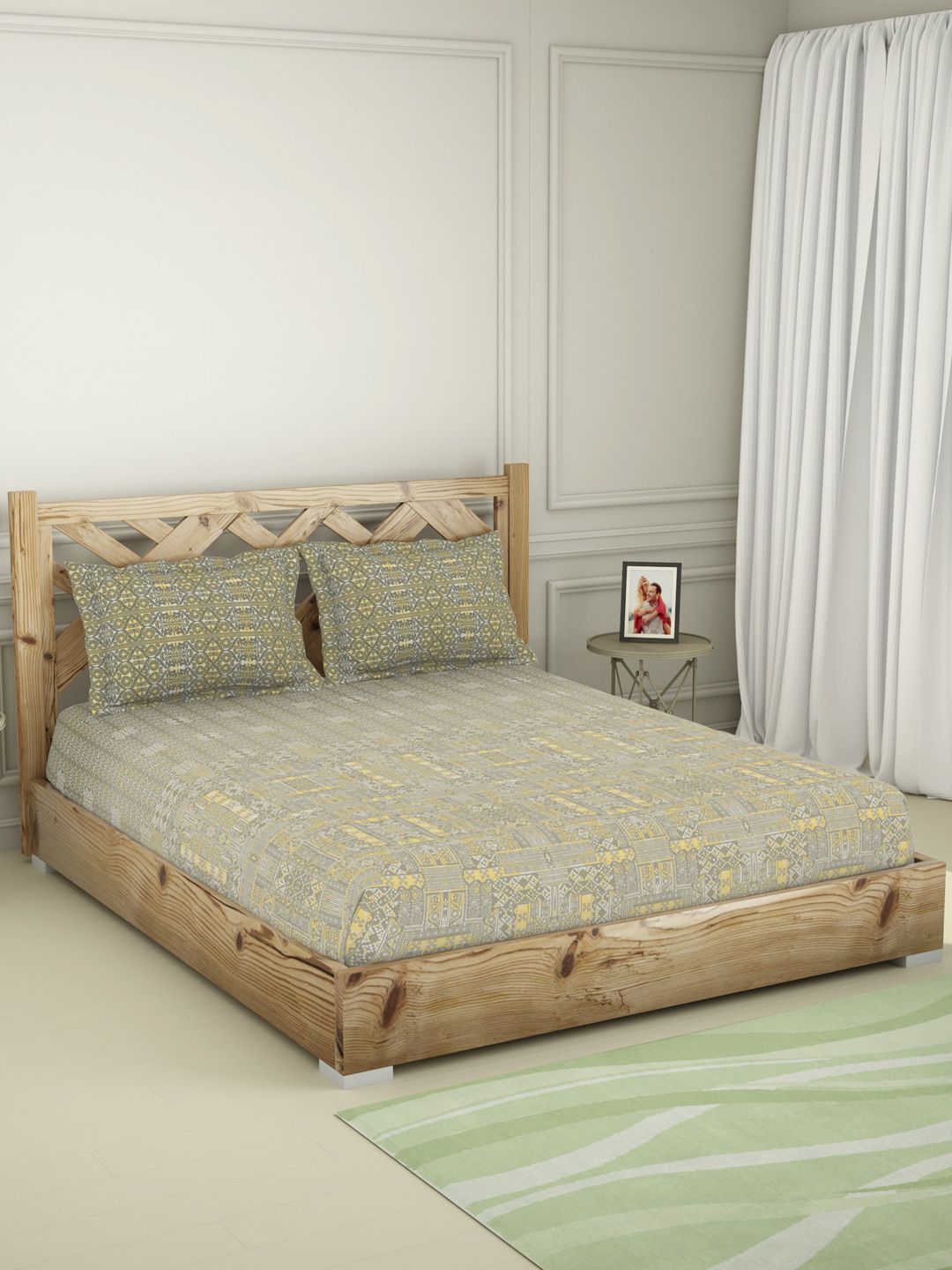 SPACES Grey & Yellow Ethnic Motifs 210 TC King Bedsheet with 2 Pillow Covers Price in India