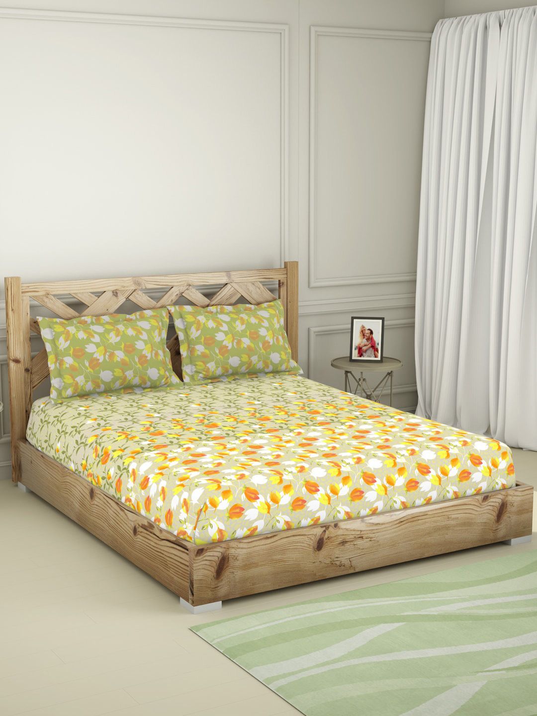 SPACES Green Floral Printed King Cotton 210 TC Bedsheet with Pillow Covers Price in India