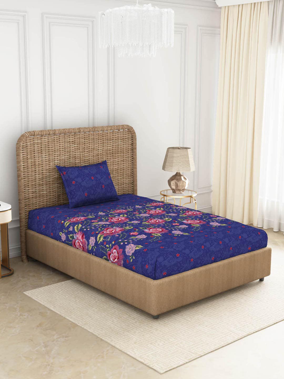 SPACES Navy Blue Floral Single 144 TC Cotton Printed Bedsheet Set Price in India