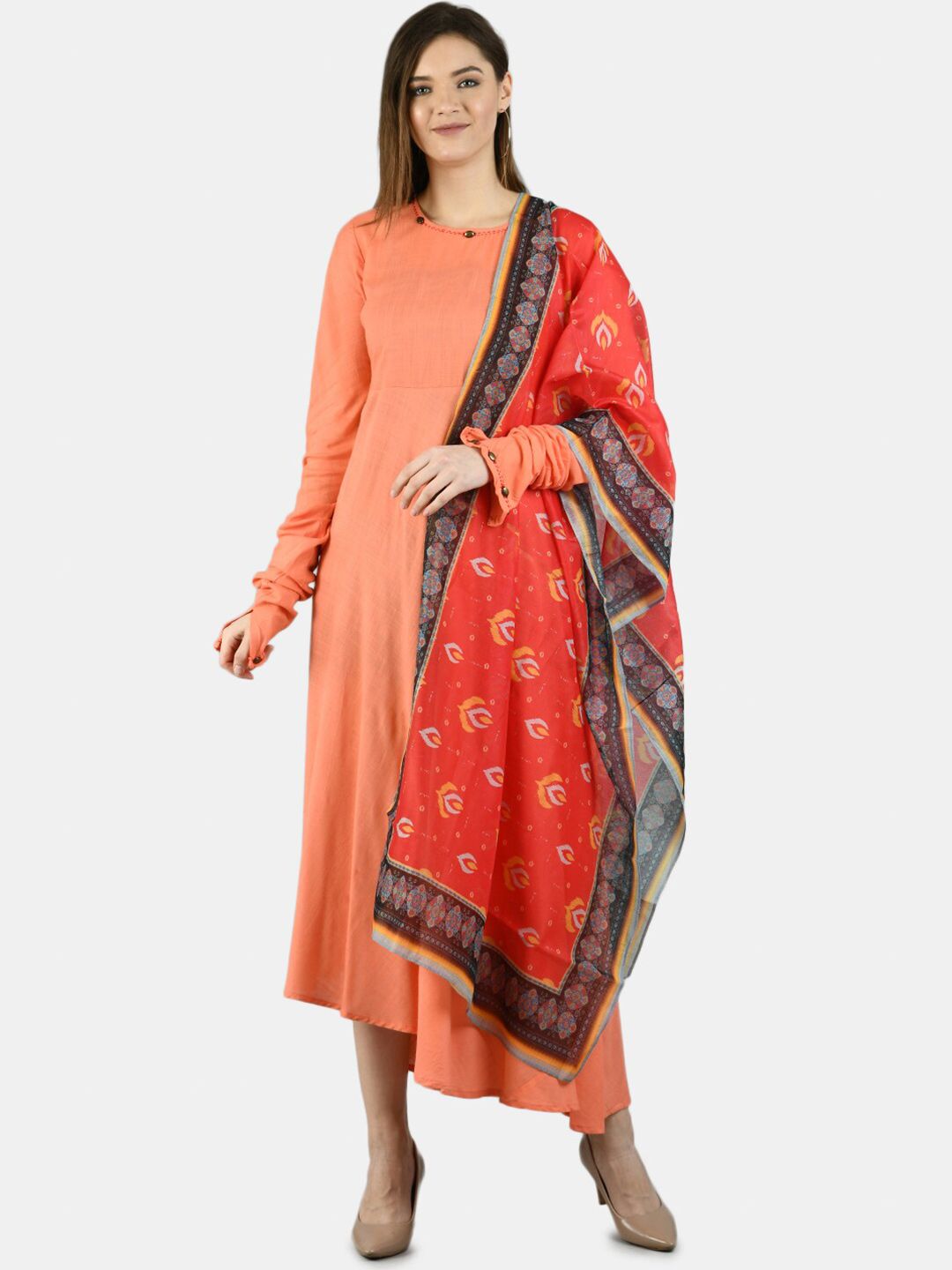 Myshka Peach-Coloured Ethnic Motifs A-Line Midi Dress With Dupatta Price in India