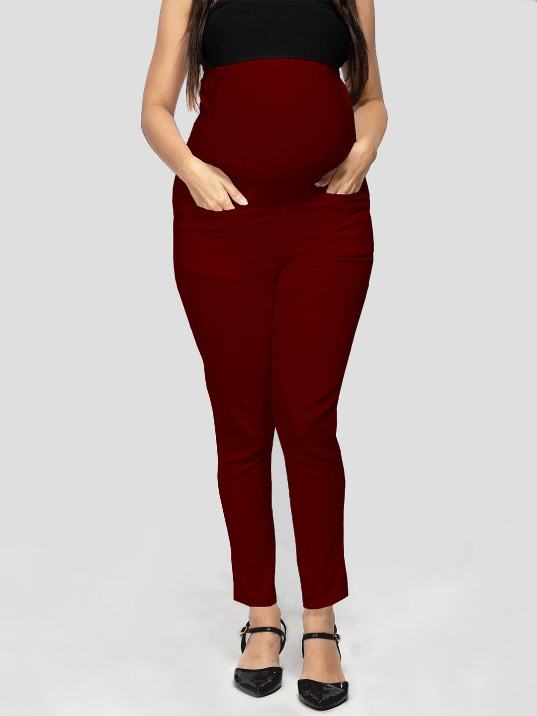 Mom For Sure by Ketki Dalal Women Maroon Urban Slim Tapered Fit High-Rise Easy Wash Maternity Trousers Price in India