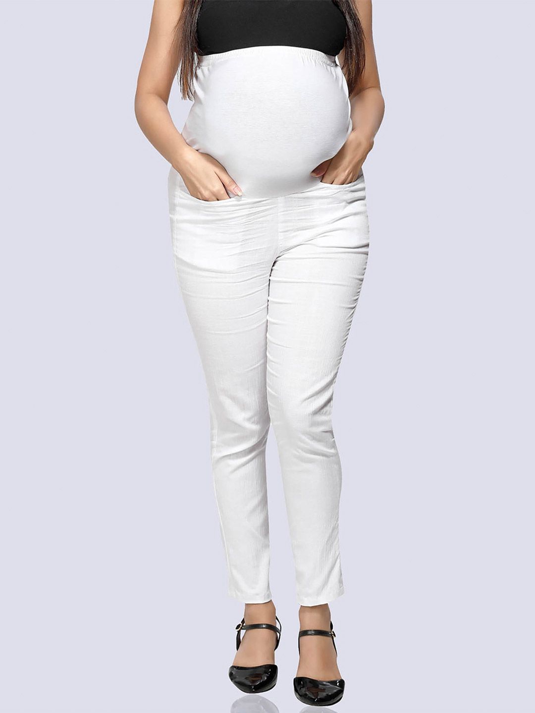 Mom For Sure by Ketki Dalal Women White Urban Slim Tapered Fit High-Rise Easy Wash Maternity Trousers Price in India