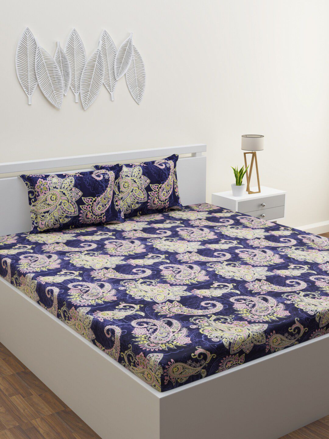 HOME AFFAIRS Navy Blue Ethnic Motifs 250 TC King Bedsheet with 2 Pillow Covers Price in India