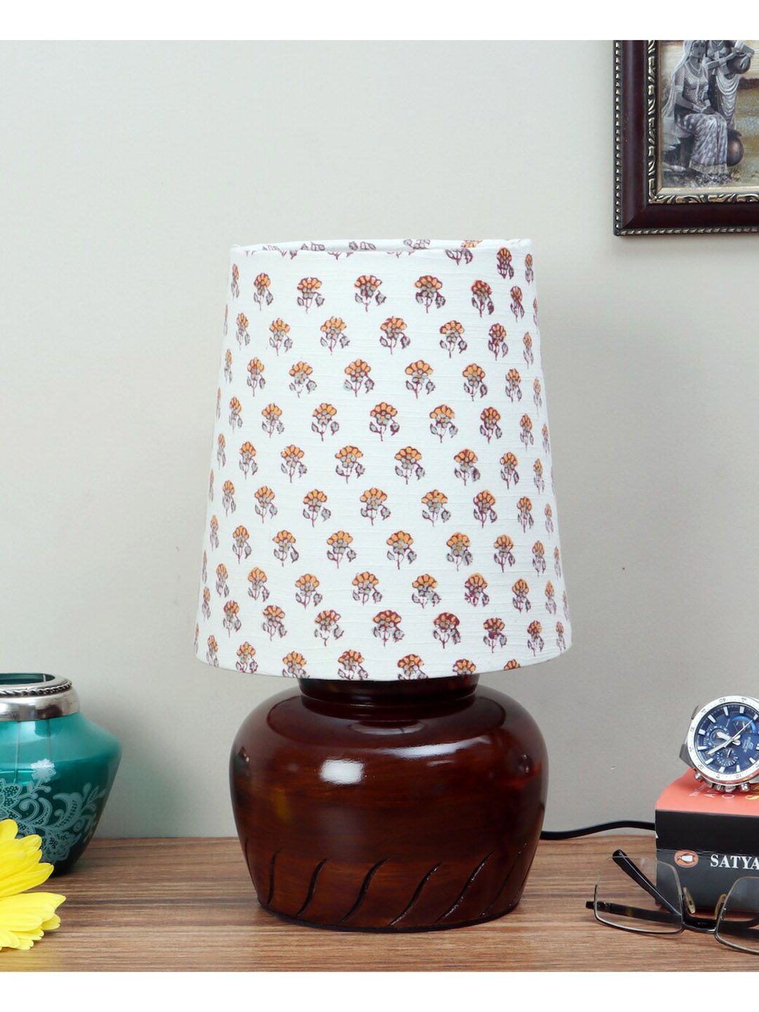 nakshikathaa Brown & White Printed Traditional Nirvana Table Lamp Price in India