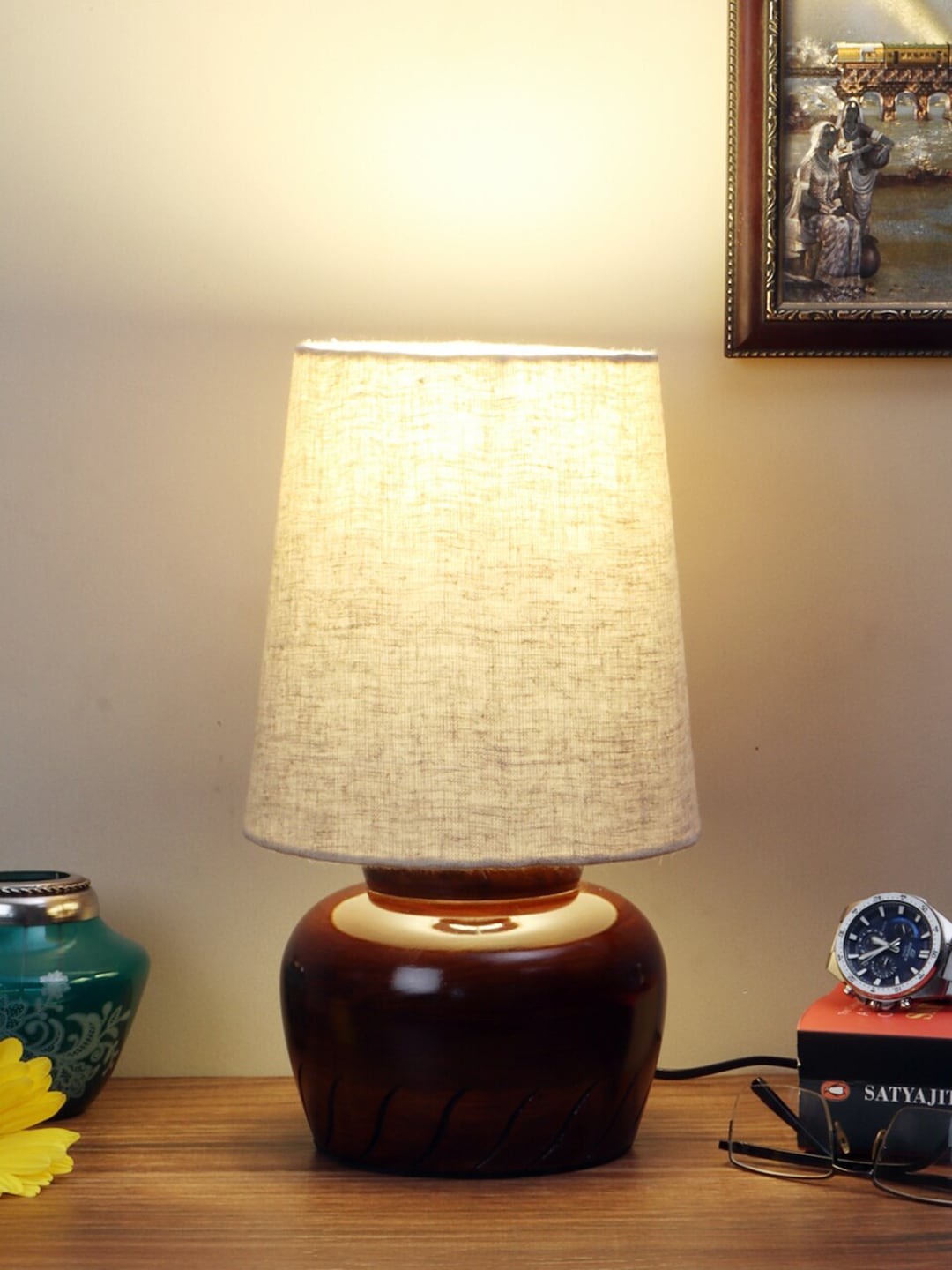 nakshikathaa Brown Bed Side Table Lamp With Frustum Shade Price in India