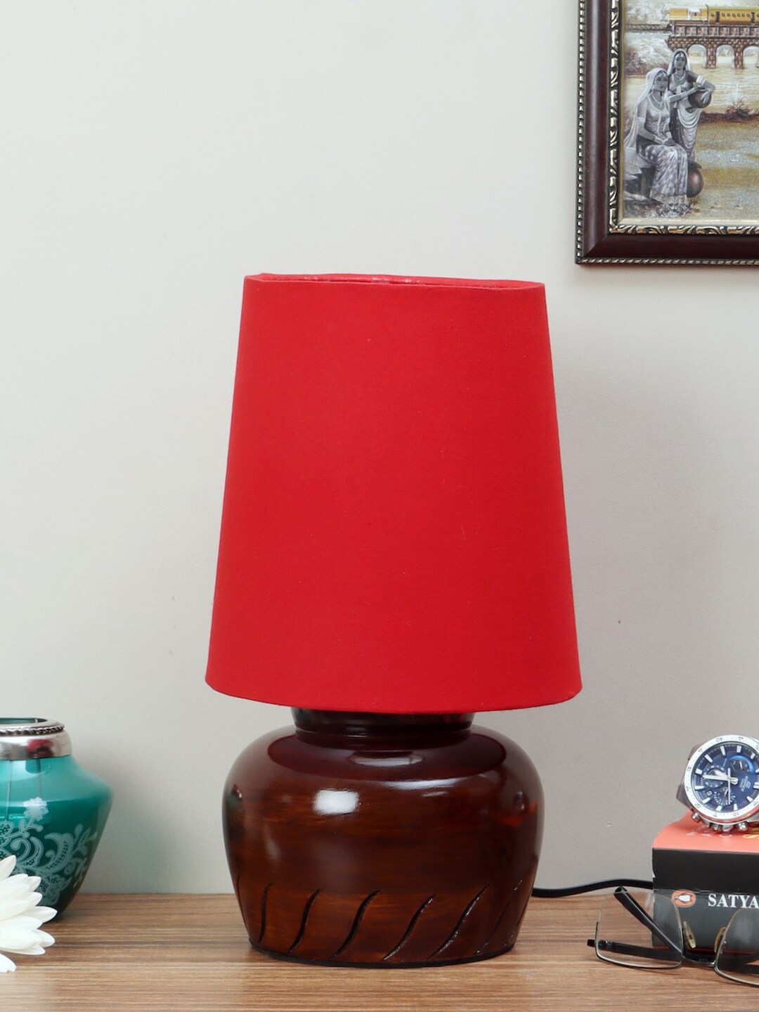nakshikathaa Brown & Red Solid Wooden Table Lamp Price in India