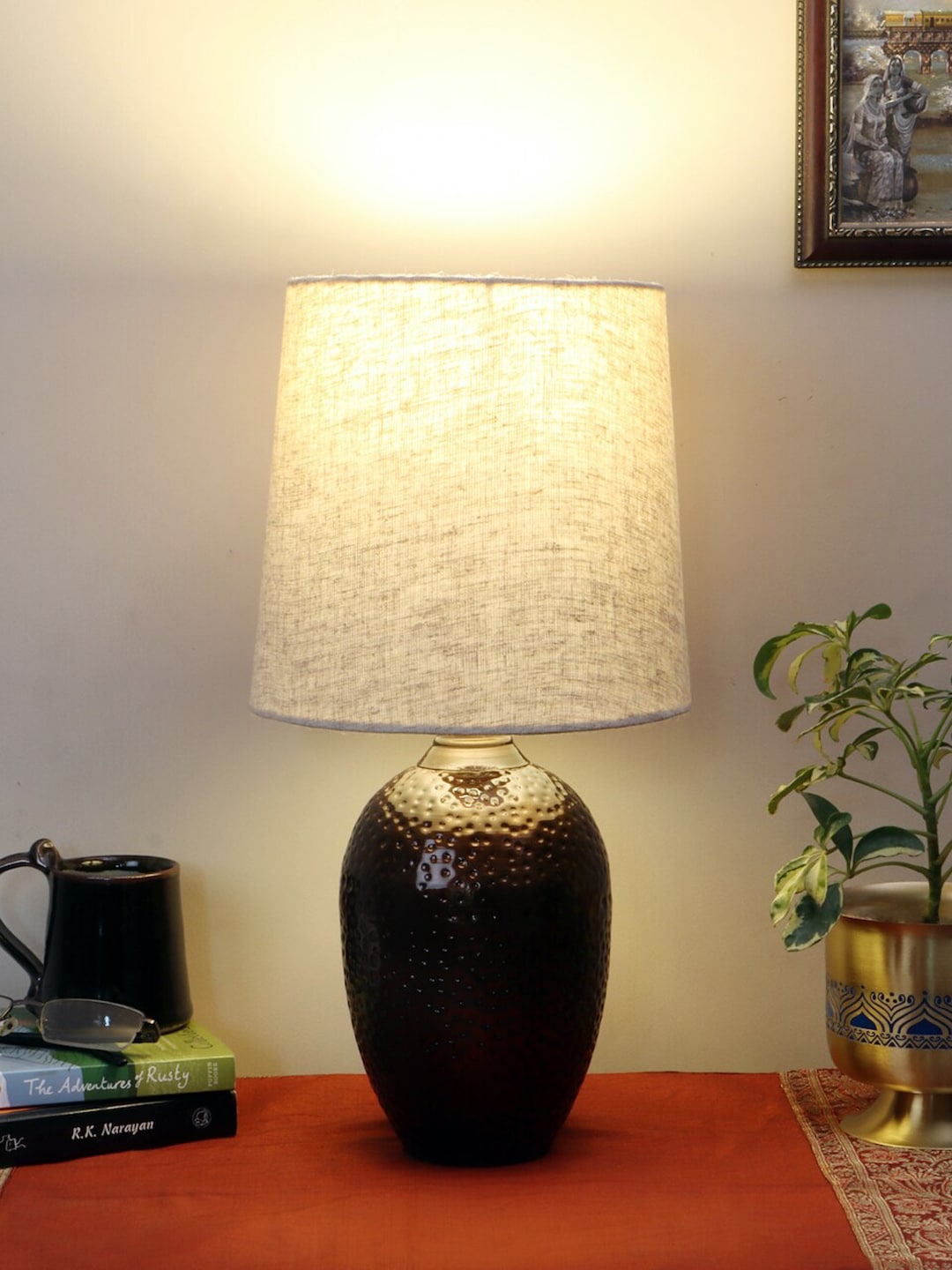 nakshikathaa Brown Nalanda Table Lamp with Beige Shade Price in India