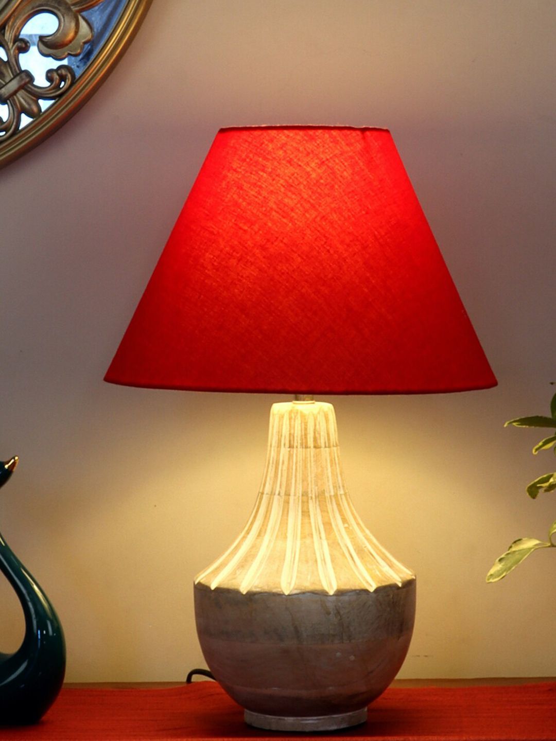 nakshikathaa White Table Lamp with Red Shade Price in India