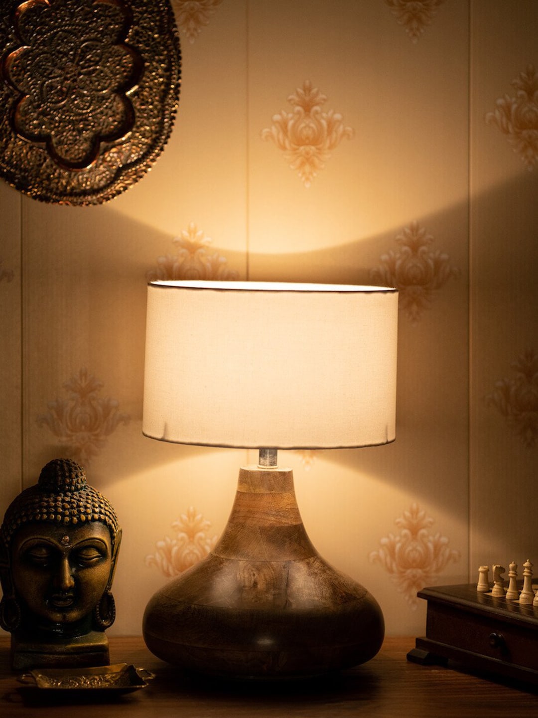 nakshikathaa Brown & White Table Lamp with Shade Price in India