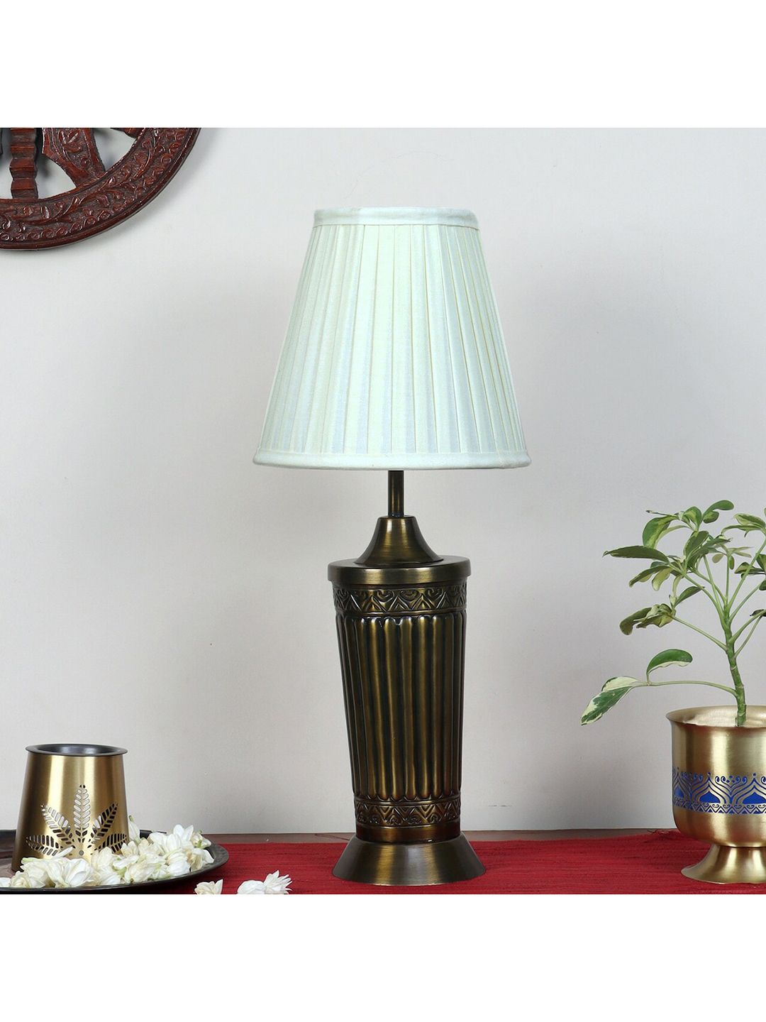 nakshikathaa Brown & White Traditional Table Lamp with Ivory Pleated Shade Price in India
