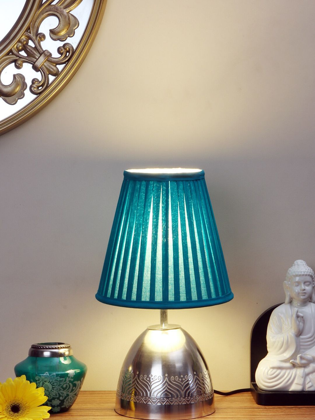nakshikathaa Utsav Silver-Plated Teal Table Lamp with Pleated Shade Price in India