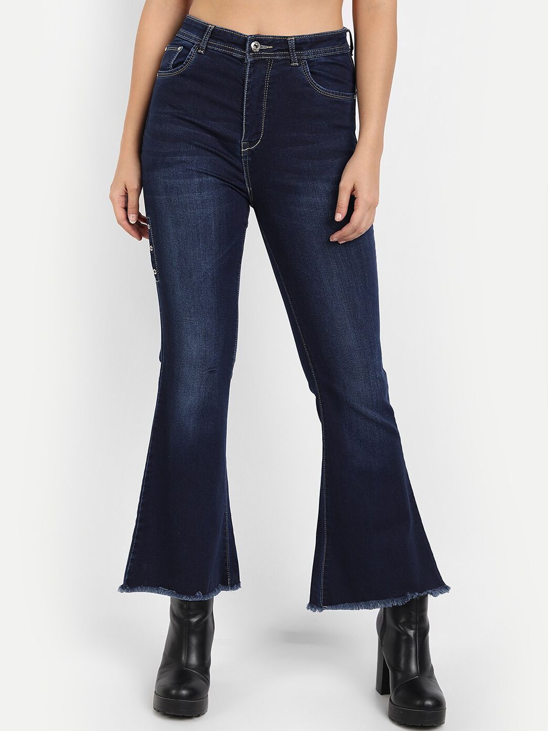 Next One Women Navy Blue Comfort Bootcut High-Rise Heavy Fade Crop Stretchable Jeans Price in India