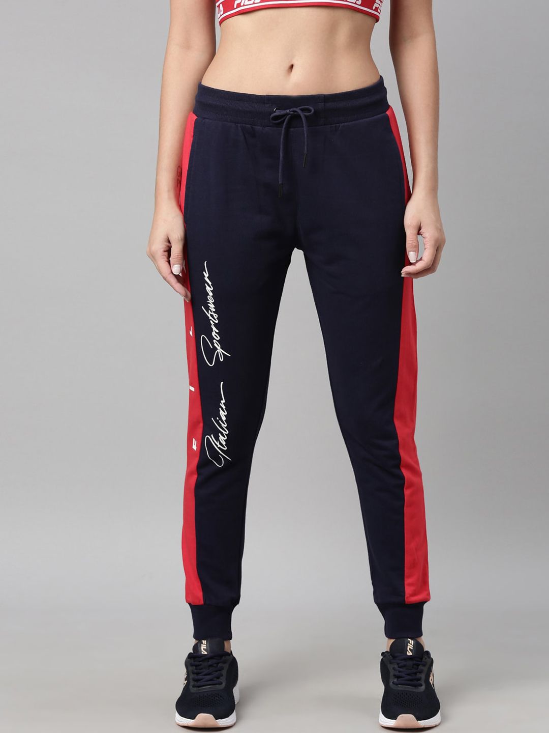 FILA Women Navy Blue & Red Colorblocked Cotton Joggers Price in India