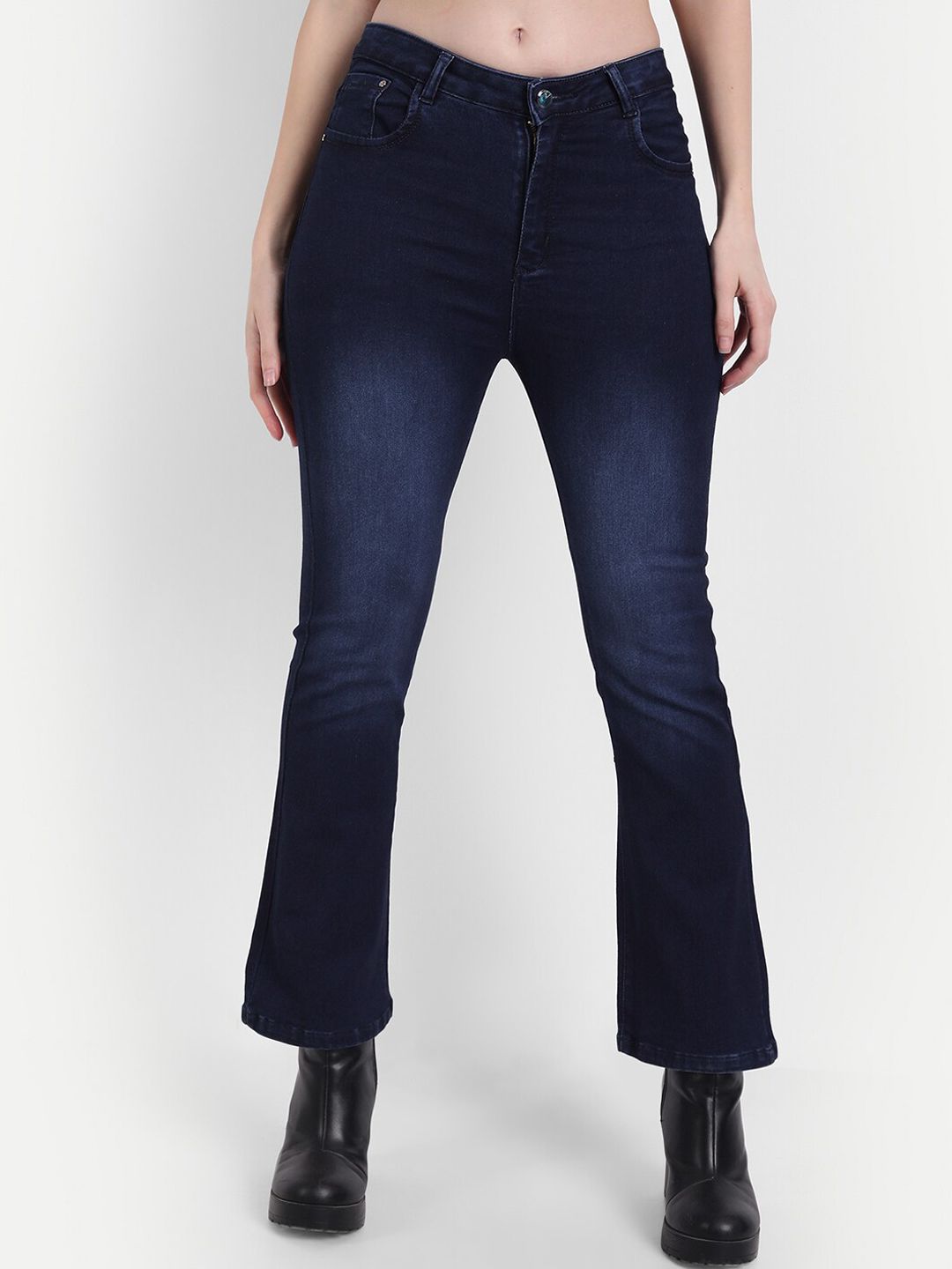 Next One Women Navy Blue Bootcut High-Rise Light Fade Stretchable Cotton Jeans Price in India