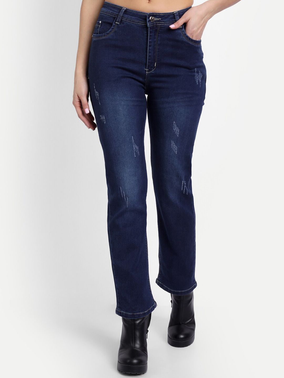 Next One Women Navy Blue Jean Straight Fit High-Rise Low Distress Light Fade Stretchable Jeans