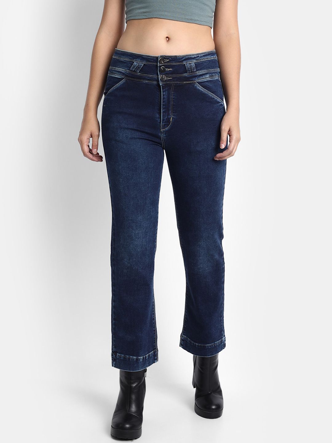 Next One Women Navy Blue Jean Straight Fit Mid-Rise Light Fade Stretchable Denim Jeans Price in India