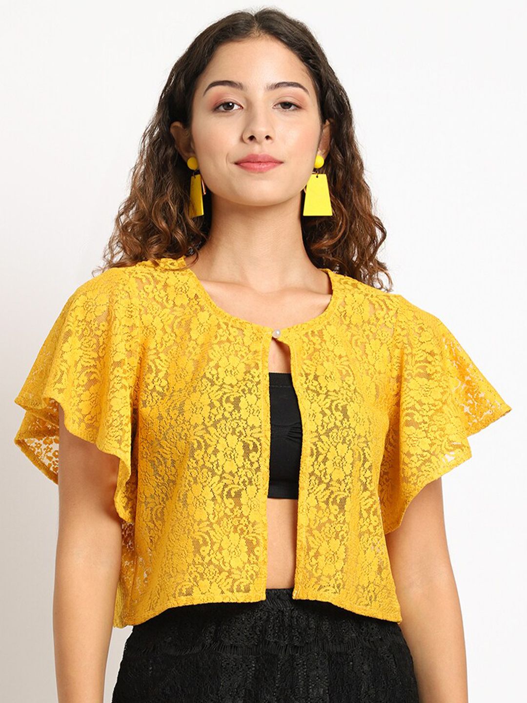 Rute Women Yellow Floral Self-Design Shrug Price in India