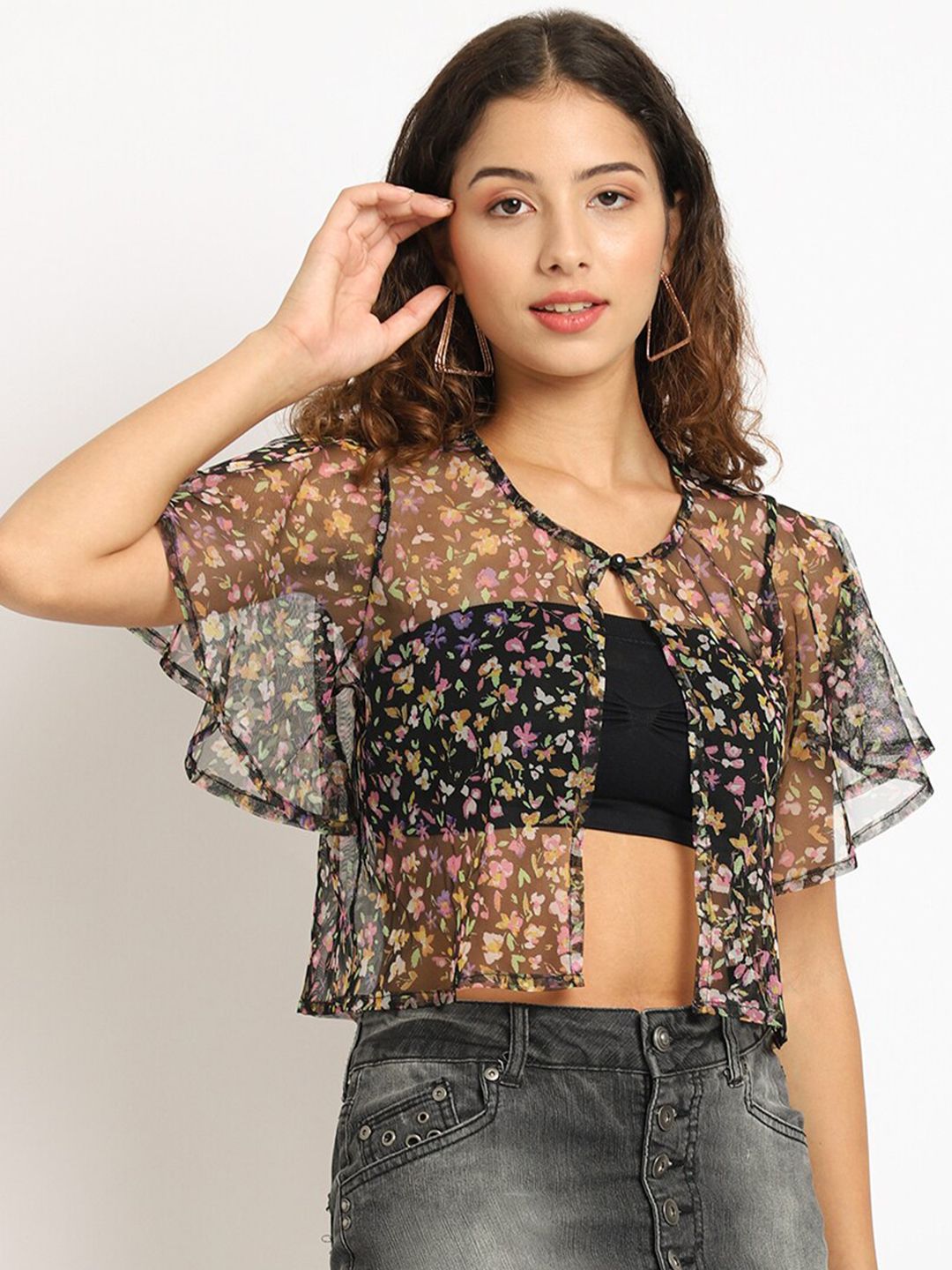 Rute Women Black & Pink Floral Printed Cotton Shrug Price in India