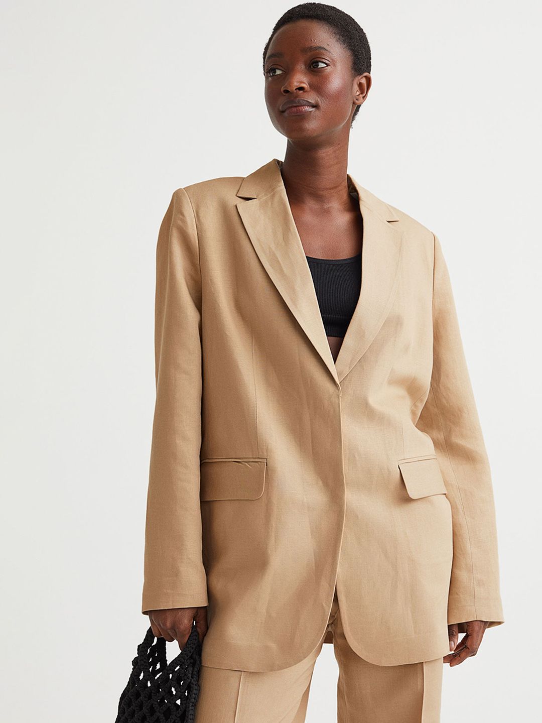 H&M Women Beige Solid Single-Breasted Blazer Price in India