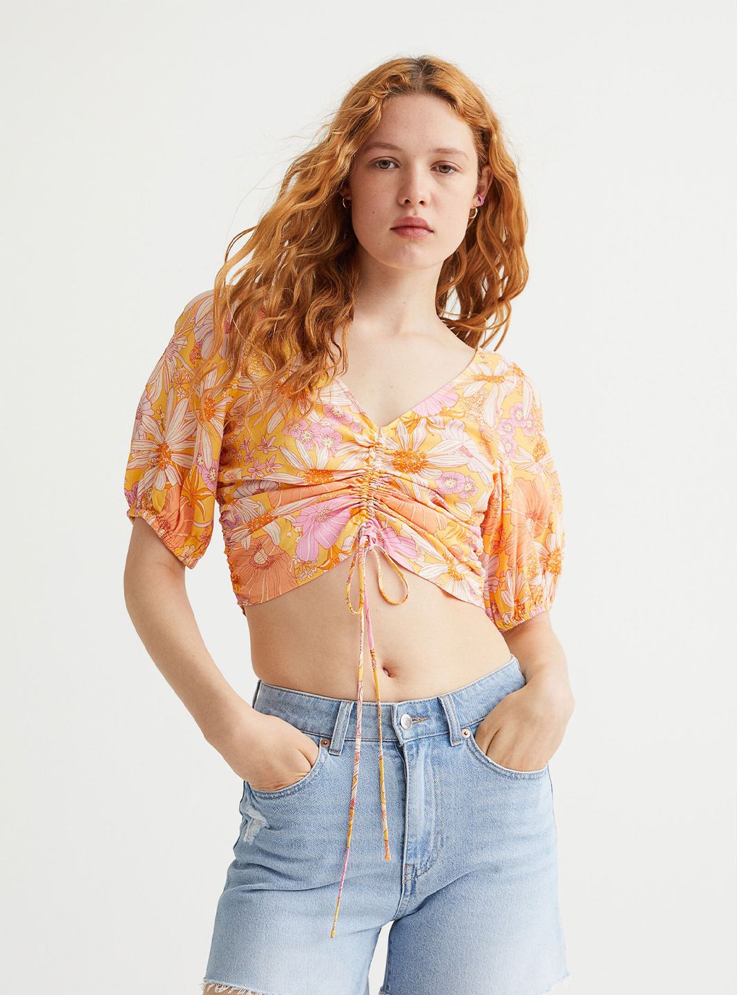 H&M Orange Printed V-Neck Drawstring Blouse