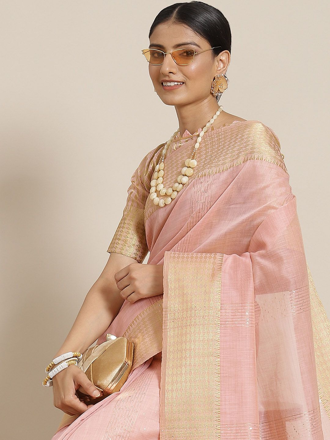 Mitera Pink & Golden Striped Zari Linen Blend Saree Price in India