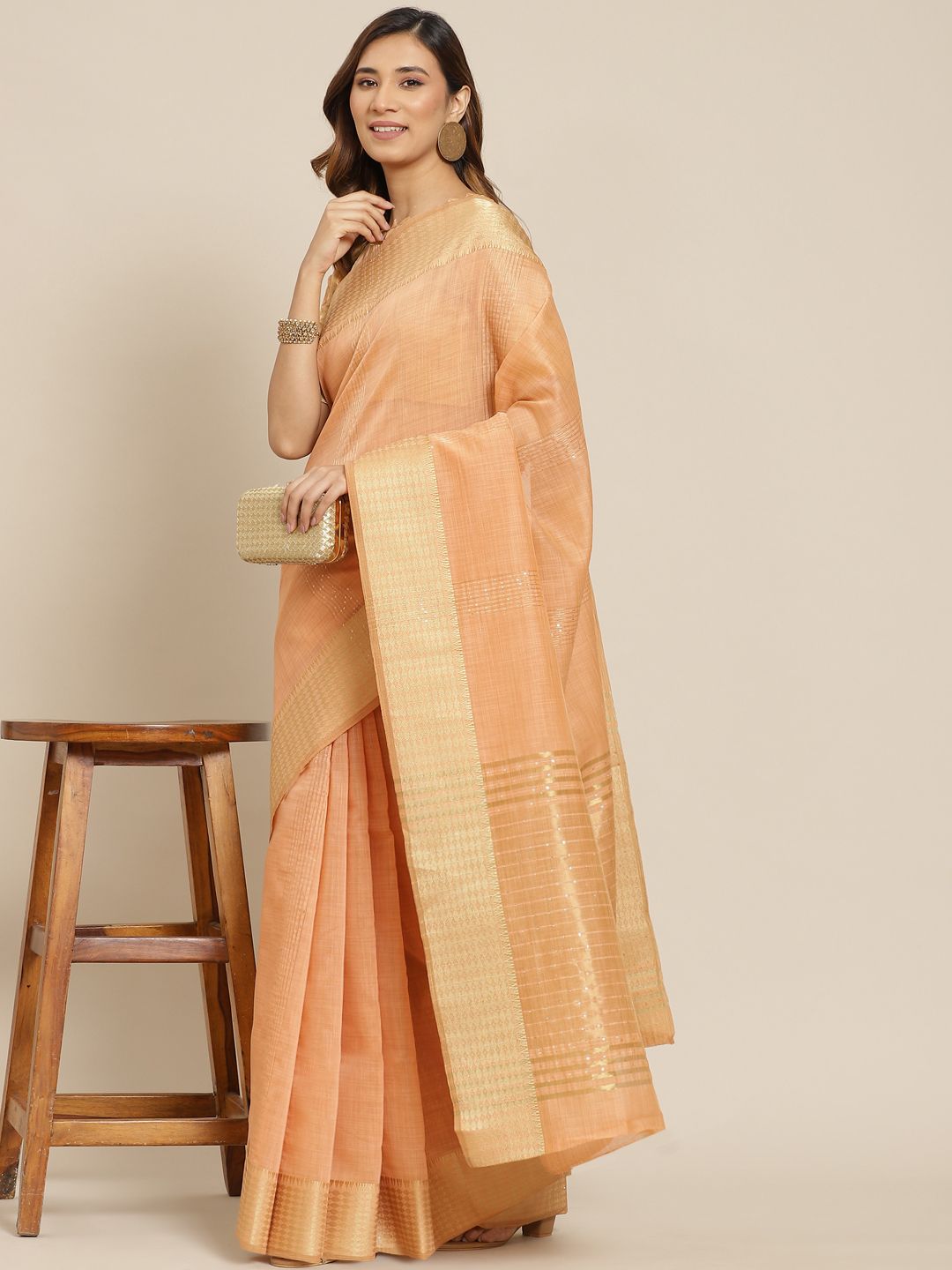 Mitera Peach-Coloured Zari Linen Blend Saree Price in India