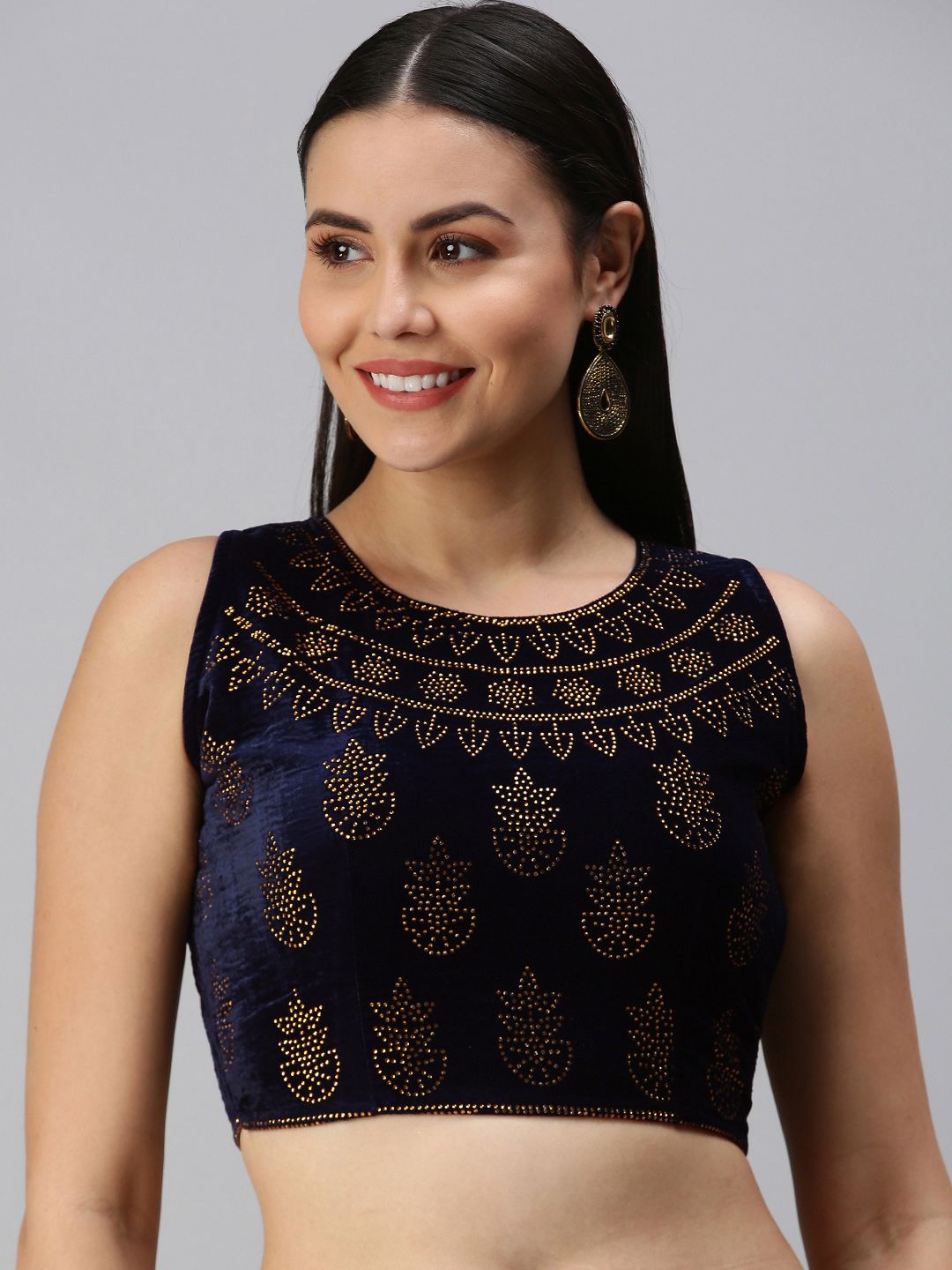 flaher Women Navy Blue Embellished Velvet Padded Readymade Saree Blouse Price in India