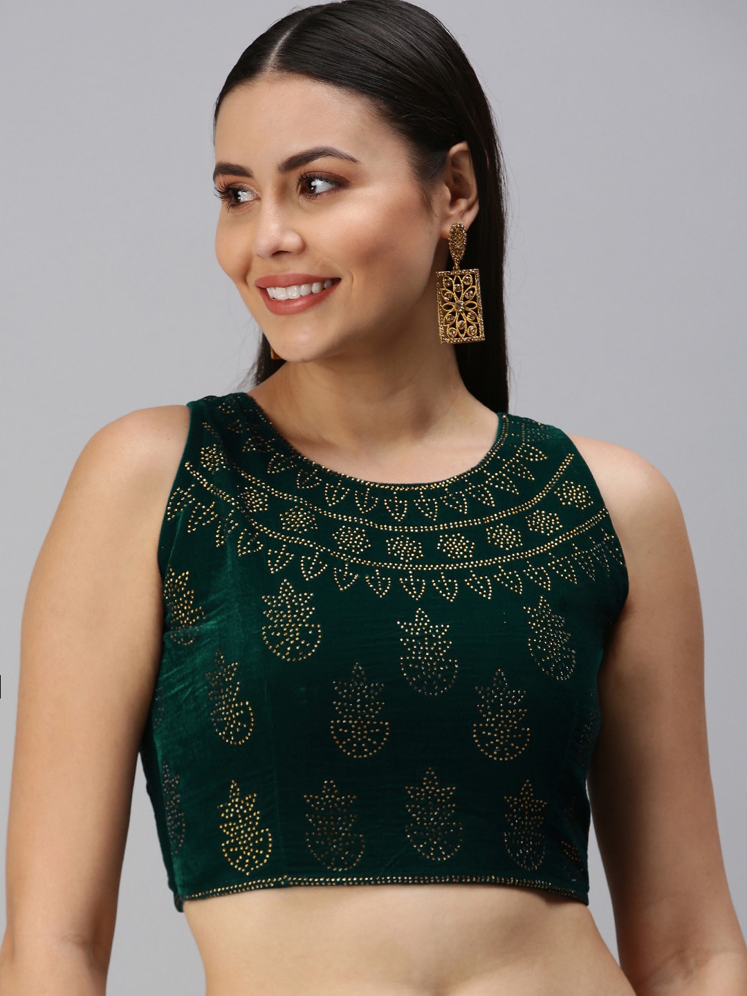 flaher Green Embellished Velvet Padded Readymade Saree Blouse Price in India