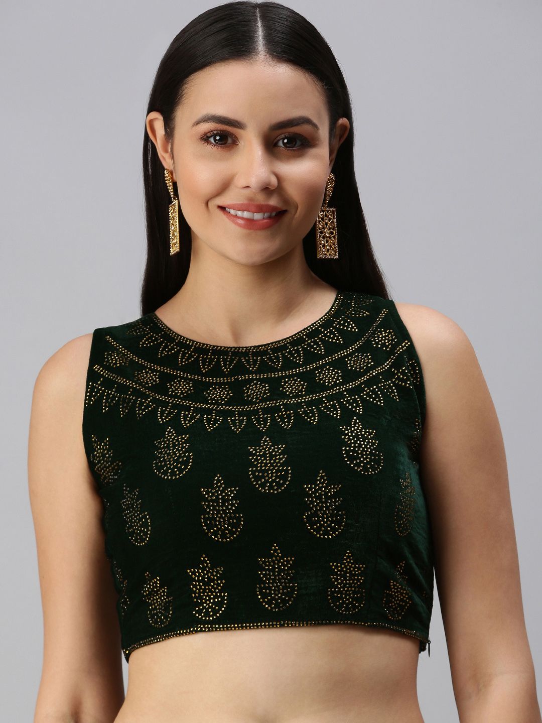 flaher Women Green Embellished Velvet Padded Readymade Saree Blouse Price in India