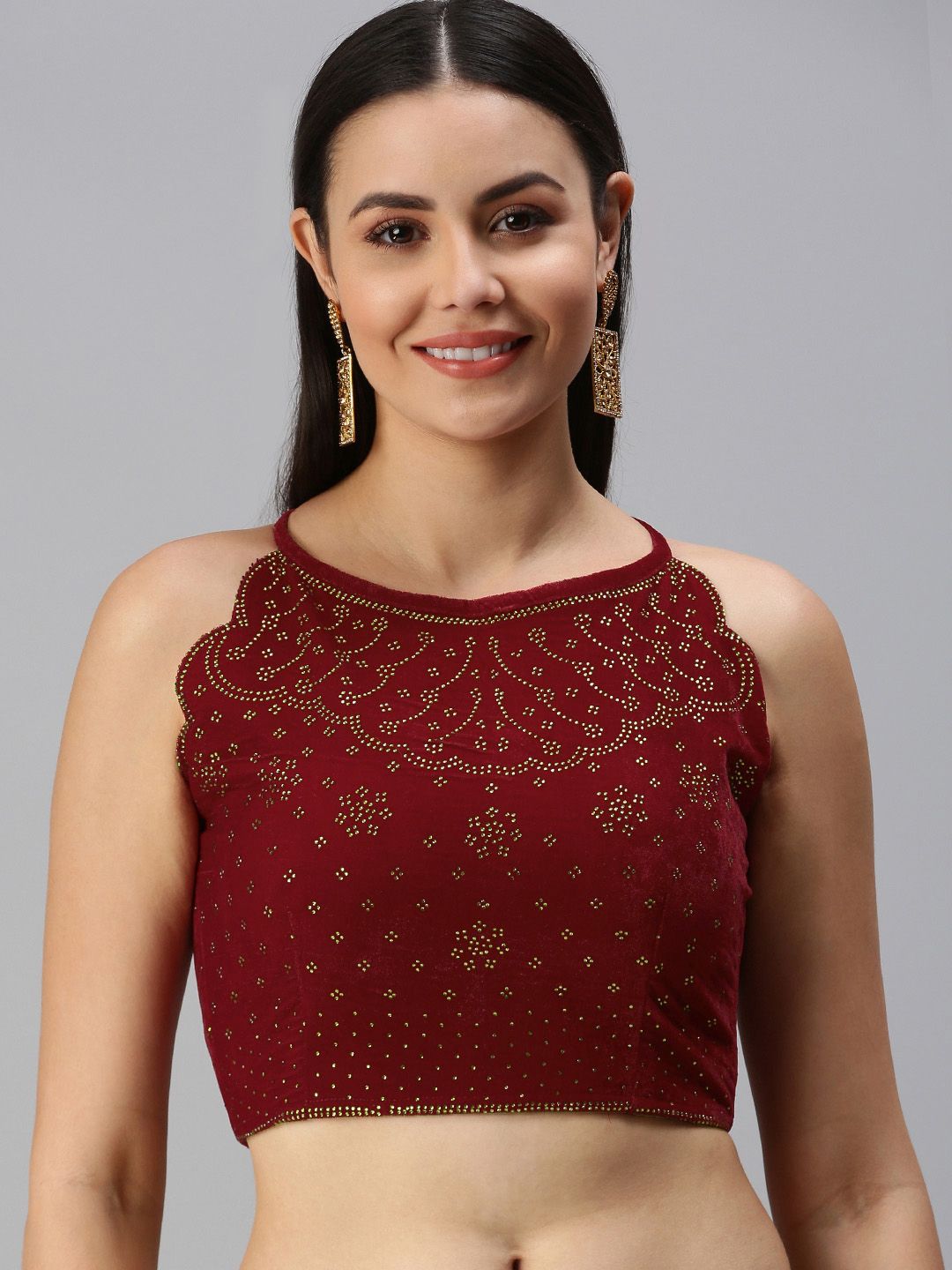 flaher Maroon Embellished Velvet Padded Readymade Saree Blouse Price in India