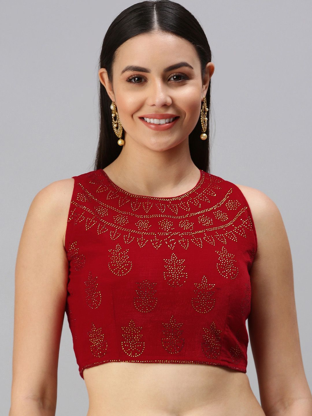 flaher Red Embellished Velvet Padded Readymade Saree Blouse Price in India