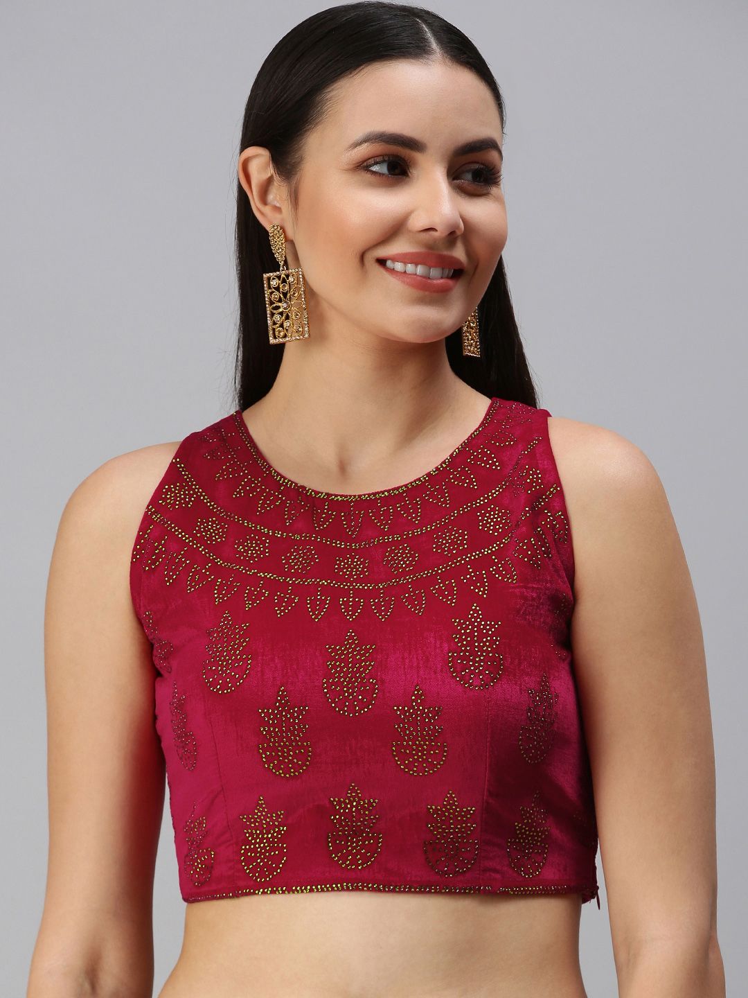 flaher Pink Embellished Velvet Padded Readymade Saree Blouse Price in India