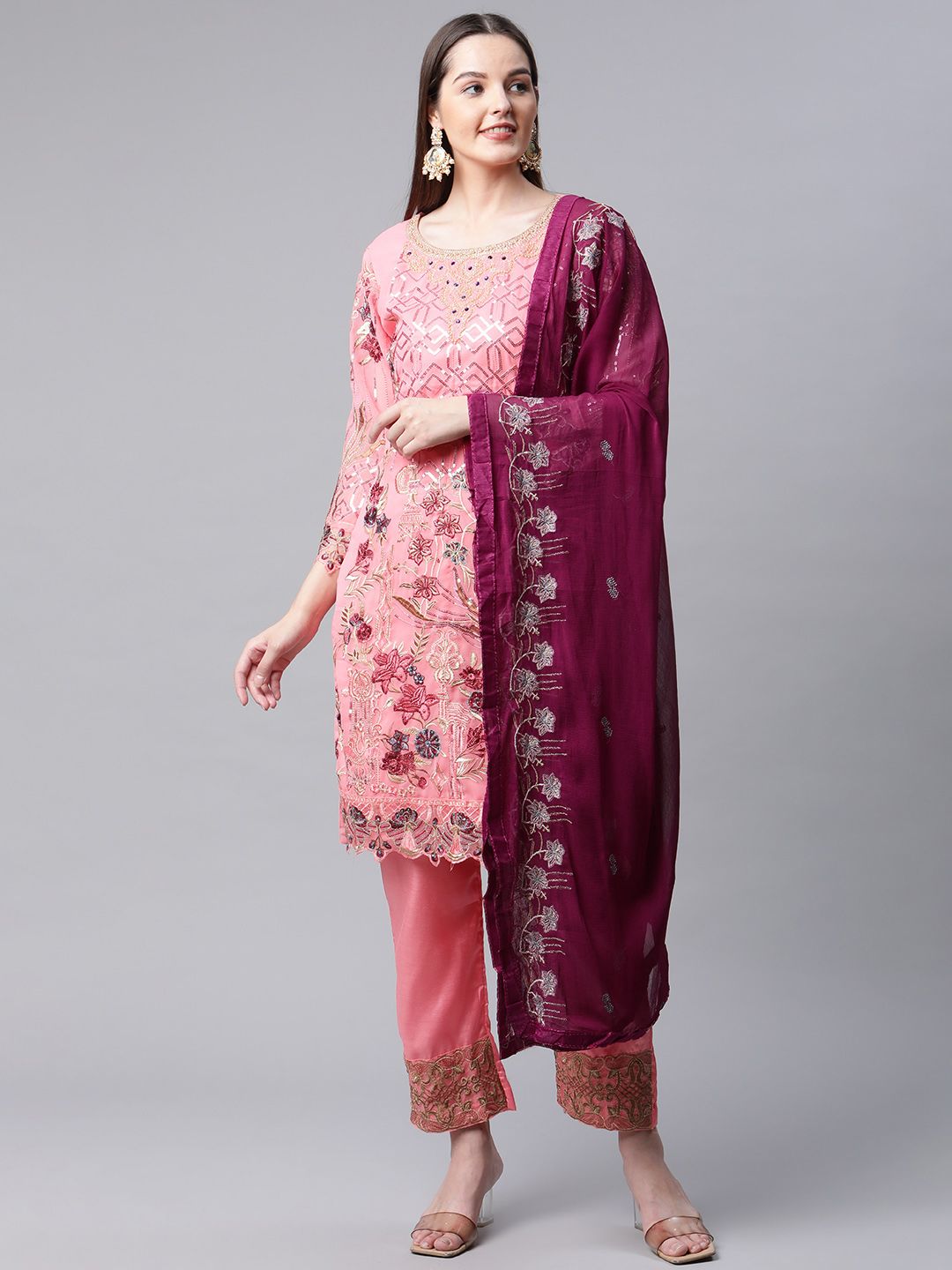 Readiprint Fashions Pink Embroidered Unstitched Dress Material Price in India