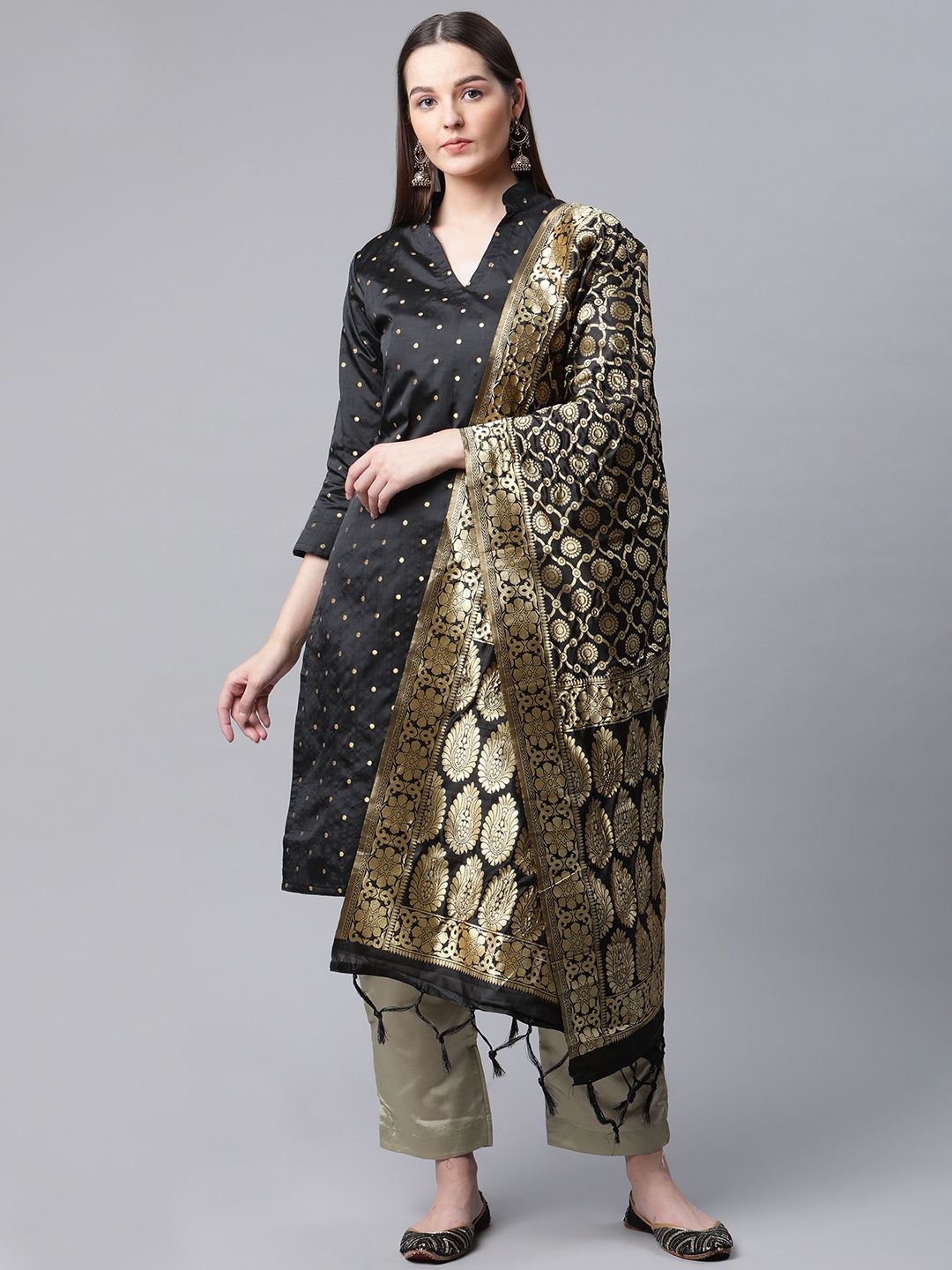 Readiprint Fashions Black & Gold-Toned Art Silk Unstitched Dress Material Price in India